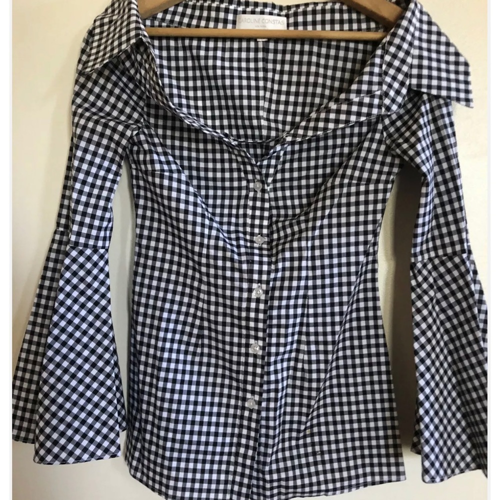 CAROLINE CONSTAS BLACK PLAID CHECK OFF SHOULDER LONG SLEEVE TOP BLOUSE XS
